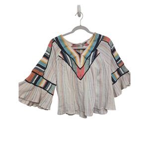 THML Embroidered‎ Stripe Bell Sleeve V Neck Blouse Women's Boho Festival Top